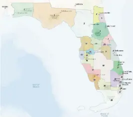  ?? Florida Senate ?? Gov. Ron DeSantis submitted a map on April 13 that creates 20 Republican districts in Florida, four more than currently, and eight Democratic districts. The plan also reduces the number of districts held by Black representa­tives from four to two.