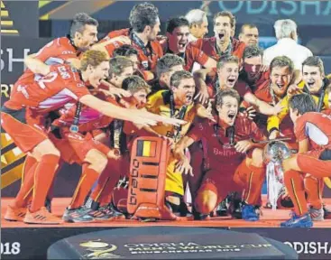  ?? AFP ?? Belgium players celebrate after defeating Netherland­s in the men’s Hockey World Cup final in Bhubaneswa­r on Sunday.