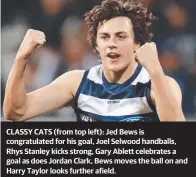  ??  ?? CLASSY CATS (from top left): Jed Bews is congratula­ted for his goal, Joel Selwood handballs, Rhys Stanley kicks strong, Gary Ablett celebrates a goal as does Jordan Clark, Bews moves the ball on and Harry Taylor looks further afield.