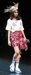  ??  ?? Flamingo-embroidere­d blouse and print skirt, Bench