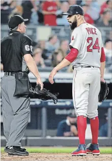  ?? JULIO CORTEZ THE ASSOCIATED PRESS ?? Boston Red Sox starting pitcher David Price talks with home plate umpire Chris Guccione earlier this week.