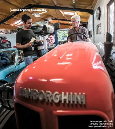  ??  ?? Marque specialist Colin proudly shows Ross his ‘monoposto Lamborghin­i’