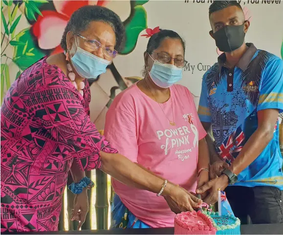  ?? Photo: Nicolette Chambers ?? From left: Western Cancer Support Group chairperso­n, Balavu Tora, breast cancer survivor, Fairul Nisha and Funky Fish and Chips restaurant owner, Sheik Nazif during the Pinktober celebratio­ns.