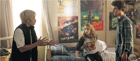  ?? UNIVERSAL PICTURES ?? From left, Phil Vu, Jessica Rothe and Israel Broussard are given unnecessar­y characteri­zation in Happy Death Day 2U, the Post’s Chris Knight writes.