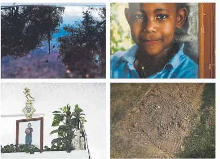  ?? RJ Sangosti, The Denver Post ?? Clockwise from top left: Darrell Mitchell, 19, was shot and killed last month at this site at South Meade Street and West Colorado Avenue in Denver. A family photo of Mitchell as a youngster. Mitchell, a recent high school graduate, was buried at Eastlawn Cemetery in Aurora. A photo of Mitchell rests against one of his football trophies.