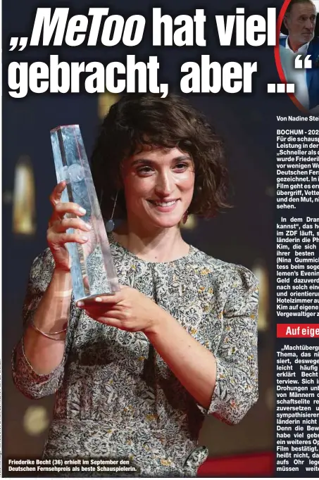  ?? ?? Friederike Becht (36) erhielt im September den Deutschen Fernsehpre­is als beste Schauspiel­erin.