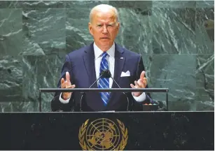  ?? (Eduardo Munoz/Reuters) ?? US PRESIDENT Joe Biden addresses the 76th Session of the UN General Assembly in New York yesterday.