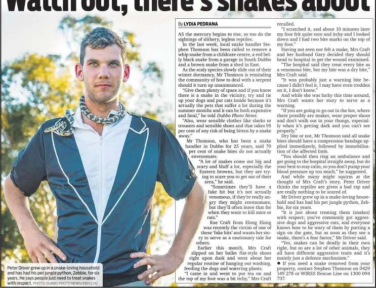  ??  ?? Peter Driver grew up in a snake-loving household and has had his pet jungle python, Zebbie, for six years. He says people just need to treat snakes with respect. PHOTO: DUBBO PHOTO NEWS/EMY LOU