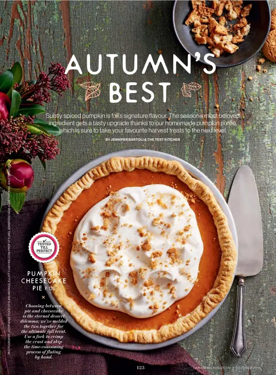  ??  ?? Choosing between pie and cheesecake is the eternal dessert dilemma; we’ve melded the two together for the ultimate fall treat. Use a fork to crimp the crust and skip the time-consuming process of fluting by hand.