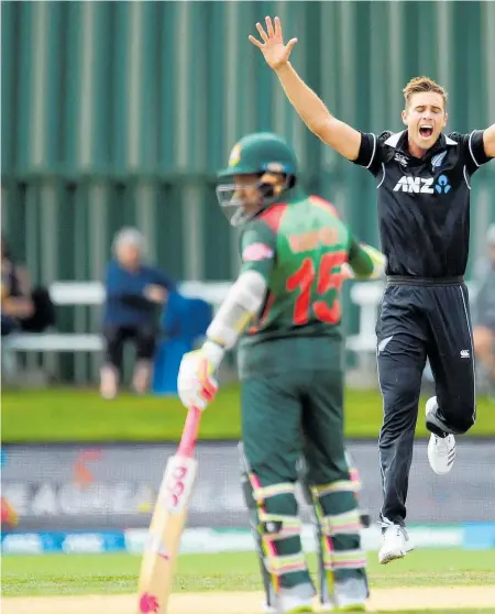  ??  ?? Black Caps bowler Tim Southee appeals for the wicket of Bangladesh’s Liton Das during the third ODI at the