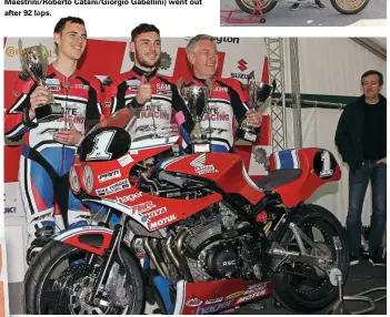  ??  ?? Right: With a slightly wistful-looking Freddie Spencer in the wings, Neate Racing (Steve, Sam and John) proudly pose with their racewinnin­g 1979 Honda Harris Magnum Mk1 1123.