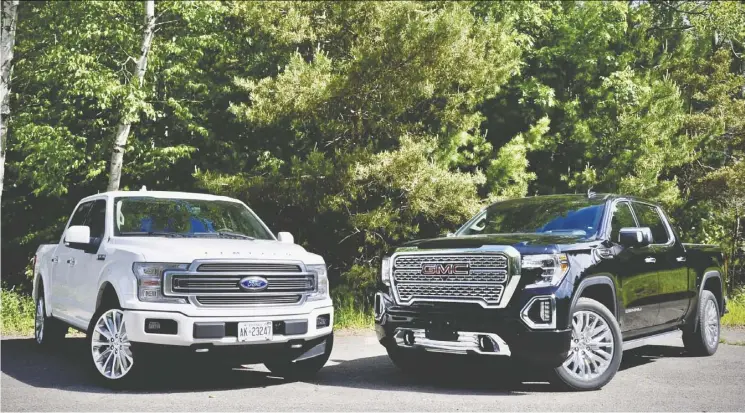  ??  ?? Ford’s F-150 Limited, left, and GMC’S Sierra Denali go head-to-head in the market but differ enough to split loyalties of luxury pickup fans.
Derek Mcnaughton