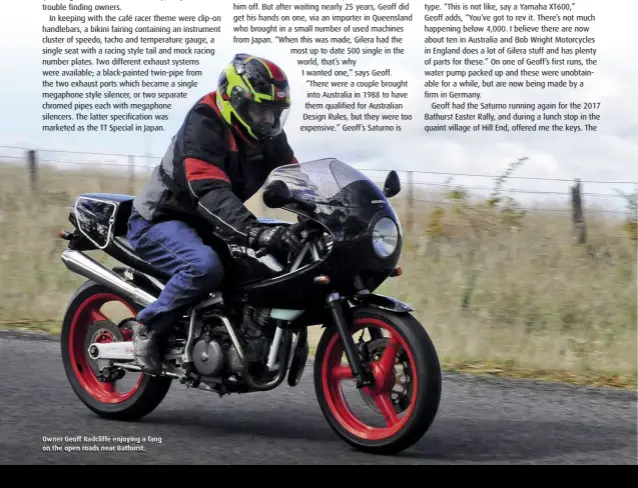  ??  ?? Owner Geoff Radcliffe enjoying a fang on the open roads near Bathurst.