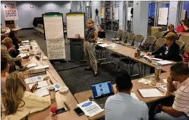  ?? RICHARD WILSON / STAFF ?? Beth Whelley of the Fahlgren Mortine Integrated Marketing &amp; Communicat­ions Agency leads the discussion with Dayton School Board members Saturday at the board’s office downtown on Ludlow Street.