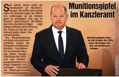  ?? ?? Herkulesau­fgabe: Kanzler Olaf Scholz (64, SPD) muss die Truppe endlich auf Vordermann bringen.