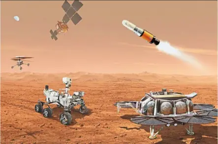  ?? – nasa/jplcaltech/tns ?? This illustrati­on shows a concept for multiple robots that would team up to bring samples of rocks and soil – being collected from the Martian surface by nasa’s Mars perseveran­ce rover – back to earth.