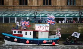  ?? Photograph: Niklas Halle'N/ AFP/Getty Images ?? ‘Our 12,000 fisher folk were shamefully exploited as Brexit visual aids.’ A ‘Fishing for Leave’ boat sails past the Houses of Parliament, 15 June 2016.