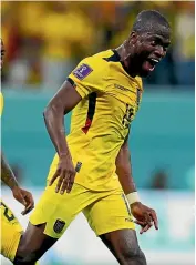  ?? AP ?? Ecuador’s Enner Valencia celebrates scoring one of his two goals in the 2-0 win over Qatar in their World Cup opener yesterday.
