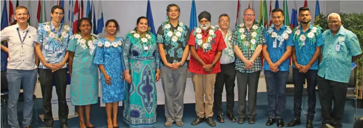 ?? Photo: European Union ?? European Union Ambassador in the Pacific Sujiro Seam (sixth from left) and USP Vice-Chancellor Professor Pal Ahluwalia (seventh from left), with scholarshi­p recipients and officials from the European Union and University of the South Pacific.