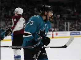  ?? PHOTOS BY NHAT V. MEYER — BAY AREA NEWS GROUP FILE ?? The San Jose Sharks’ Noah Gregor (73) celebrates his goal against the Colorado Avalanche in the third period at the SAP Center in San Jose on March 8.