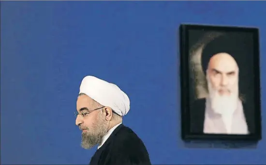  ?? VAHID SALEMI / AP ?? El president iranià, Hassan Rohani, durant la conferènci­a de premsa donada ahir a Teheran, la primera després de la reelecció