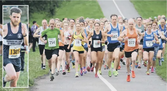  ??  ?? Action from the Sunderland Harriers 5k road races at Silksworth Sports Complex last week. INSET: Sunderland Stroller Chris Dwyer set a new personal best.