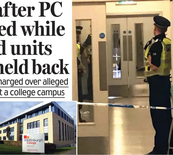  ??  ?? Incident: Police were called to the Edinburgh campus Investigat­ion: Police officers in a sealed-off college corridor yesterday