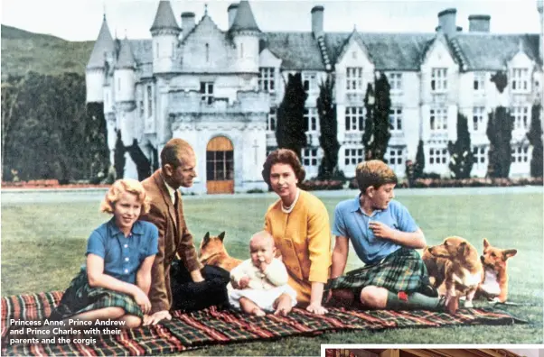  ??  ?? Princess Anne, Prince Andrew and Prince Charles with their parents and the corgis