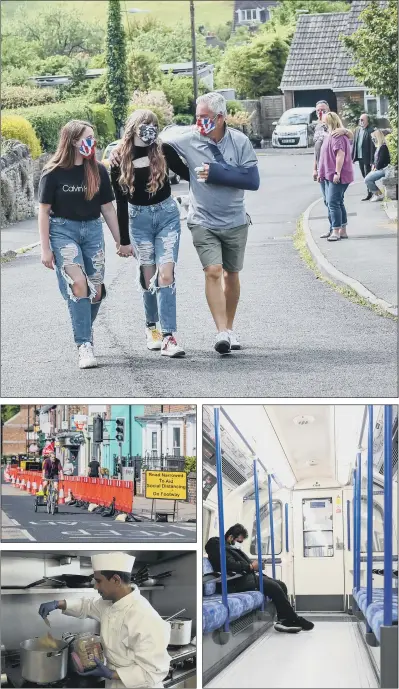  ?? PICTURES: PA/GETTY/JAMES HARDISTY ?? OUT AND ABOUT: Clockwise from top, the Fowler family Eden, 12, Scarlett, 15, and father Nick walk to the local shop in Croscombe, near Wells in masks designed by artist Shelley Dyer-Gibbins; a passenger wears a protective mask on the London Undergroun­d’s Northern Line; chef Muktar Ali prepares 250 curries at The Vine Indian Restaurant which were sent to staff at Royal Hallamshir­e Hospital as part of the ChefOnline National Curry Week; notice to residents that the road has been narrowed to aid social distancing along Bishopthor­pe Road, York.