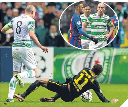  ??  ?? ■ Scott Brown was sent off following this challenge on Neymar four years ago and (inset) there was obviously still no love lost when the Brazilian returned to Celtic Park with Barcelona last season.
