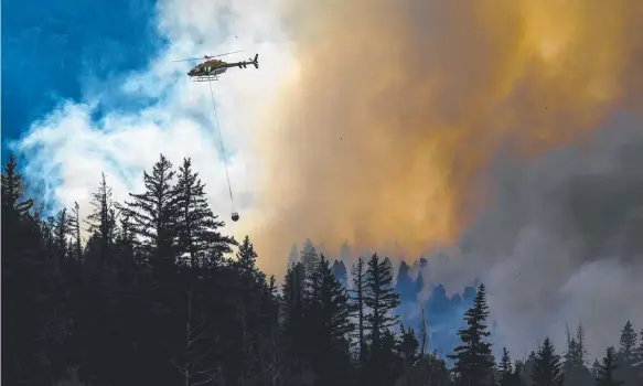  ?? Picture: AP ?? A helicopter transports water to contain a forest fire In Colorado, where more than 2500 homes were under evacuation orders.