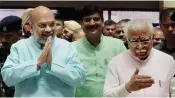  ?? — PTI ?? BJP president Amit Shah with Haryana chief minister Manohar Lal Khattar during the party workers’ training programme in Kurukshetr­a on Sunday.