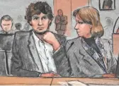  ?? JANE FALVELL COLLINS, EUROPEAN PRESSPHOTO AGENCY ?? An artist’s sketch shows defendant Dzhokhar Tsarnaev and his attorney listening to testimony in March.