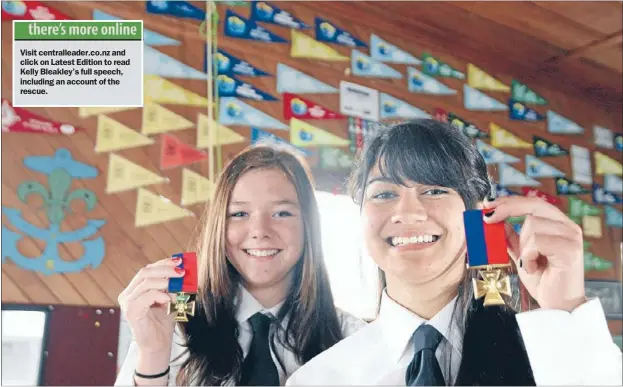  ?? Photo: JASON OXENHAM ?? Visit centrallea­der.co.nz and click on Latest Edition to read Kelly Bleakley’s full speech, including an account of the rescue.
Selfless gallantry:
Sabrina Parsons, left, and Amohia Afeaki have been awarded the Gilt Cross for gallantry after rescuing...