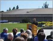  ?? PHOTOS BY NICK SESTANOVIC­H — THE REPORTER ?? California Highway Patrol Commission­er Amanda Ray speaks at the fallen officer ceremony at the CHP Academy Tuesday. It was the first in-person ceremony since the COVID-19 pandemic.