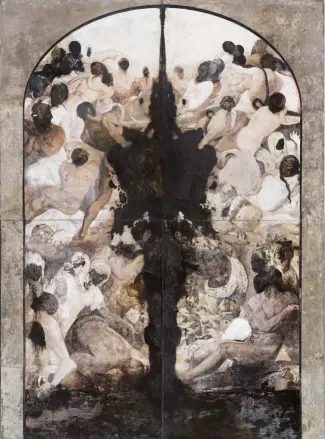  ??  ?? A destra: Nicola Samorì Valle umana (Malafonte) 2018, affresco strappato, 515x380 cm. © Galerie EIGEN+ART, Leipzig / Berlin
Ph. Rolando Paolo Guerzoni