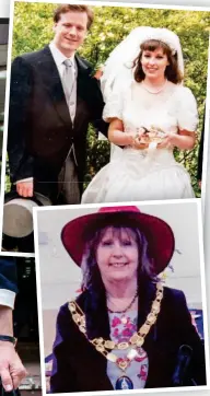  ??  ?? Trial: Charlie and Natalie Elphicke at court and (top) on their wedding day; Natalie’s mum, former mayor Julia Pears