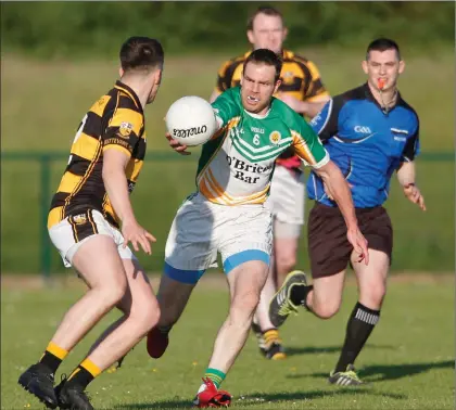  ??  ?? Liscarroll Churchtown Gaels’ Tom Fehin stretches to gather possession before Buttevant’s Kevin Crowley can get to the ball during last Friday evening’s North Cork Junior A Football Championsh­ip clash in Ballycloug­h. Photo by Eric Barry