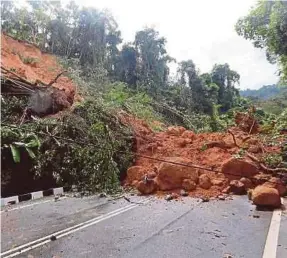  ?? PIC BY DANIAL SAAD ?? A landslide in Jalan Tun Sardon Bukit Baru, near Balik Pulau, yesterday.