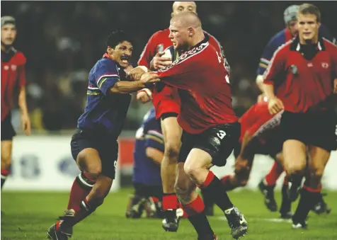  ?? — ALLSPORT VIA GETTY ?? On Oct. 14, 1999, Canada faced Namibia in a final Rugby World Cup Pool C match in Toulouse, France. Canada won that game 72-11, but a Samoa victory that same day prevented the team from advancing further.