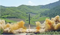  ??  ?? In this July 4, 2017, file photo distribute­d by the North Korean government shows what was said to be the launch of a Hwasong-14 interconti­nental ballistic missile, ICBM, in North Korea’s northwest. — AP