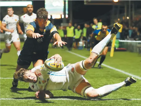  ?? PICTURE: Getty Images ?? Easing the pain: Jonny Hill scores in Exeter’s victory over Worcester on Friday night