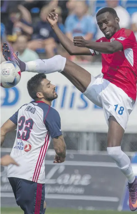  ?? SHAUGHN BUTTS ?? Tomi Ameobi celebrated his 100th appearance with FC Edmonton during their match against the Indy Eleven on Sunday, scoring a goal in a 2-1 loss.