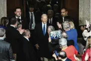  ?? HAIYUN JIANG / THE NEW YORK TIMES ?? In an economical­ly focused State of the Union address, President Joe Biden staked a claim that Democrats are the party of working people.