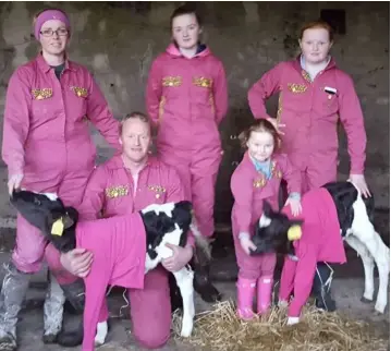  ??  ?? Zurich Farmer of the Year Peter Hynes cut a dash in pink for St Valentine’s day and raised almost €3,600 for the charity Embrace that supports families bereaved in accidents. He is pictured with his wife Paula and daughters Chloe, Becky and Georgie, as...