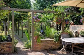  ??  ?? SPACE TO RELAX (clockwise from top) The ‘flying hedge’ of neatly clipped hornbeam, with box cubes; shady benches, with variegated euonymus; the wind sculpture with acanthus; the parterre garden with a sculptural driftwood trunk and raised herb beds;...