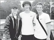  ?? SUBMITTED PHOTO ?? Prairie Grove tennis coach Dana Froud (left) celebrates a third place finish at the State 4A tennis meet by boys doubles team of Asher Sam (middle) and Cole Vertz (right). The Tigers went 3-1 during state tournament play after winning the District championsh­ip.