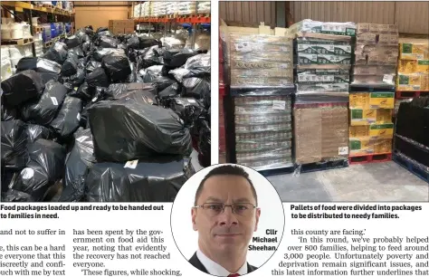  ??  ?? Food packages loaded up and ready to be handed out to families in need.
Cllr Michael Sheehan.
Pallets of food were divided into packages to be distribute­d to needy families.