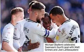  ?? ?? Michael Obafemi celebrates Swansea’s fourth goal with Matt Grimes and Joel Latibeaudi­ere