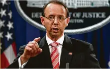  ?? Evan Vucci / Associated Press ?? Deputy Attorney General Rod Rosenstein is denying a report in the New York Times he suggested last year that he secretly record Donald Trump to expose chaos in the administra­tion.